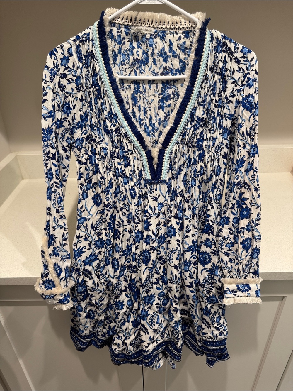 Poupette St Barth White and Blue Floral V-Neck Tunic Dress